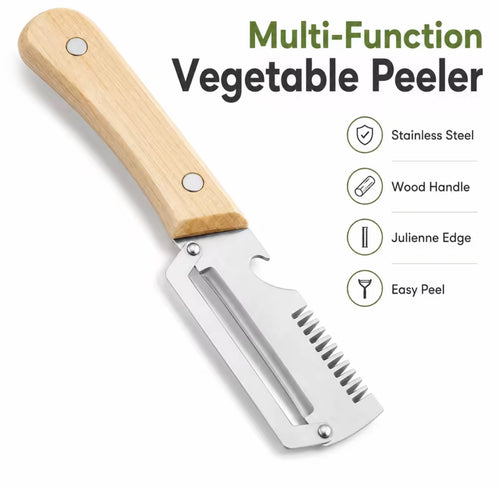 4 In 1 Multi Function Vegetable Fruit Peeler Natural Wood Handle Stainless Steel Blade Julienne Shredder Bottle Opener Easy Clean Kitchen Peeling Slicing Tool