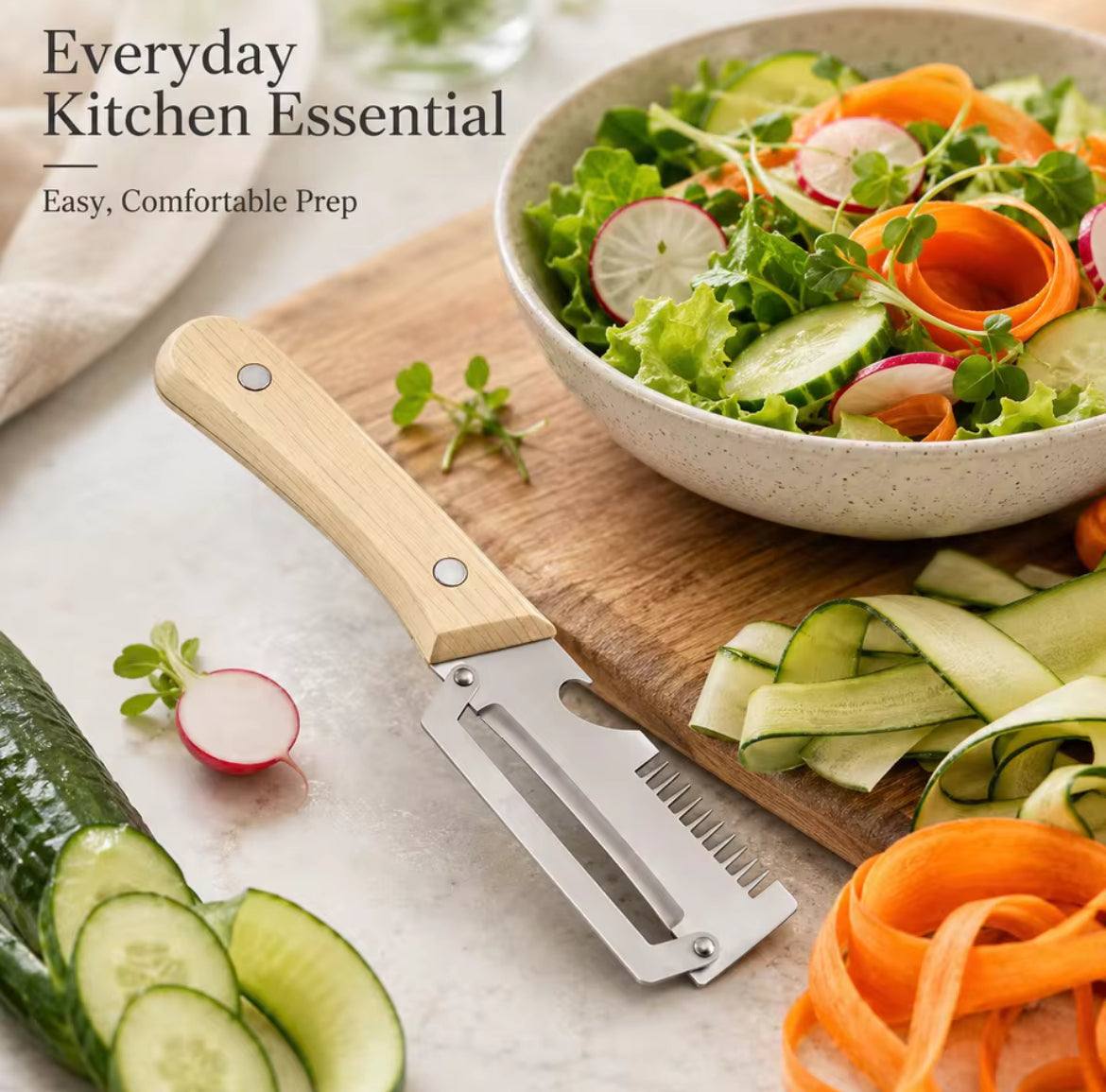 4 In 1 Multi Function Vegetable Fruit Peeler Natural Wood Handle Stainless Steel Blade Julienne Shredder Bottle Opener Easy Clean Kitchen Peeling Slicing Tool