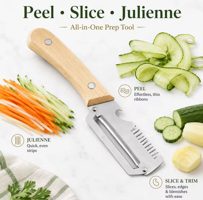 4 In 1 Multi Function Vegetable Fruit Peeler Natural Wood Handle Stainless Steel Blade Julienne Shredder Bottle Opener Easy Clean Kitchen Peeling Slicing Tool
