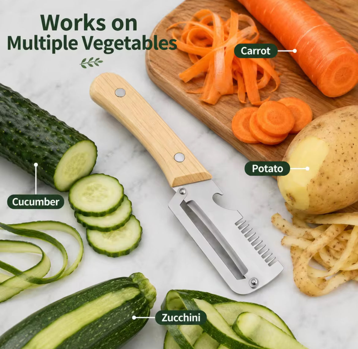 4 In 1 Multi Function Vegetable Fruit Peeler Natural Wood Handle Stainless Steel Blade Julienne Shredder Bottle Opener Easy Clean Kitchen Peeling Slicing Tool