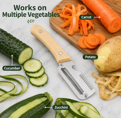 4 In 1 Multi Function Vegetable Fruit Peeler Natural Wood Handle Stainless Steel Blade Julienne Shredder Bottle Opener Easy Clean Kitchen Peeling Slicing Tool