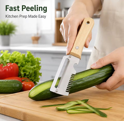 4 In 1 Multi Function Vegetable Fruit Peeler Natural Wood Handle Stainless Steel Blade Julienne Shredder Bottle Opener Easy Clean Kitchen Peeling Slicing Tool