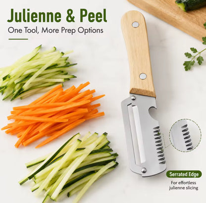 4 In 1 Multi Function Vegetable Fruit Peeler Natural Wood Handle Stainless Steel Blade Julienne Shredder Bottle Opener Easy Clean Kitchen Peeling Slicing Tool