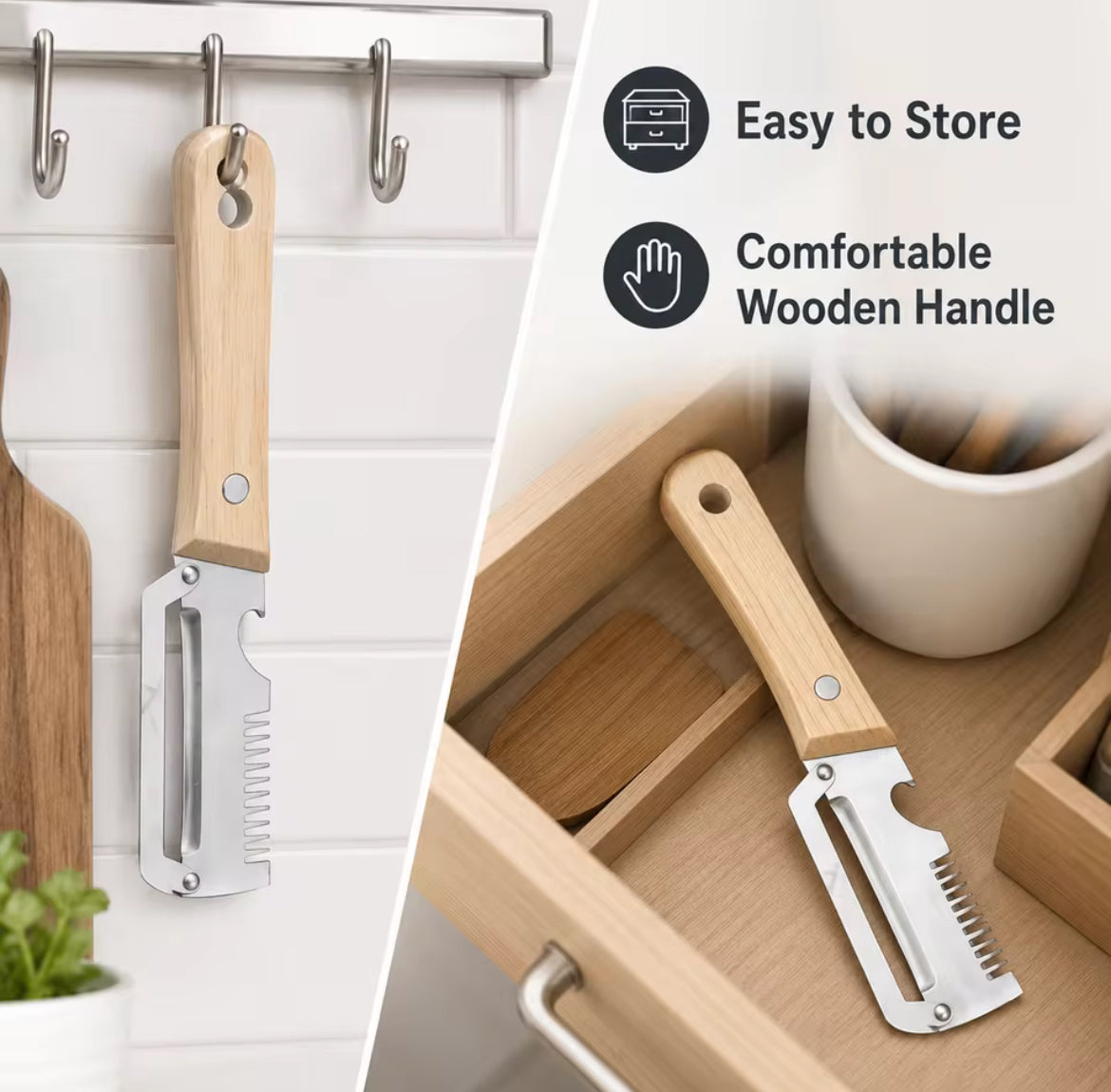 4 In 1 Multi Function Vegetable Fruit Peeler Natural Wood Handle Stainless Steel Blade Julienne Shredder Bottle Opener Easy Clean Kitchen Peeling Slicing Tool