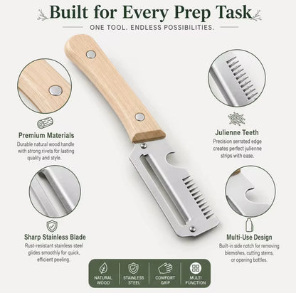 4 In 1 Multi Function Vegetable Fruit Peeler Natural Wood Handle Stainless Steel Blade Julienne Shredder Bottle Opener Easy Clean Kitchen Peeling Slicing Tool