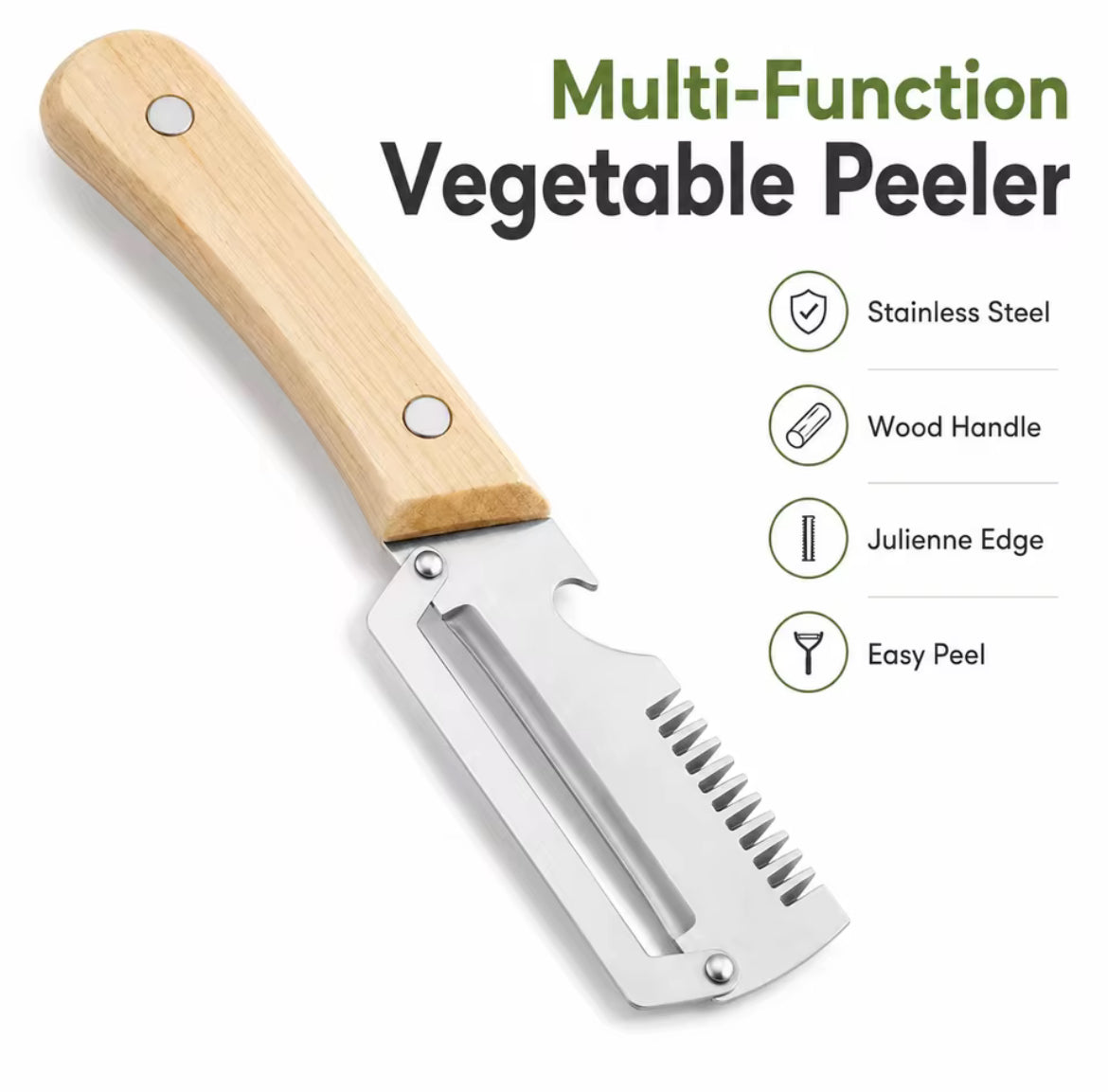 4 In 1 Multi Function Vegetable Fruit Peeler Natural Wood Handle Stainless Steel Blade Julienne Shredder Bottle Opener Easy Clean Kitchen Peeling Slicing Tool