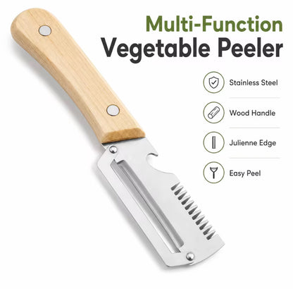 4 In 1 Multi Function Vegetable Fruit Peeler Natural Wood Handle Stainless Steel Blade Julienne Shredder Bottle Opener Easy Clean Kitchen Peeling Slicing Tool