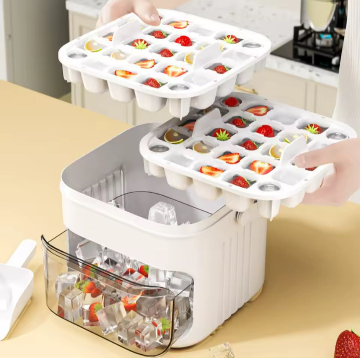 50-Cube Ice Maker with Easy Press Cap Double Layer Ice Cube Maker Refrigerator Household Ice Storage Ice Box