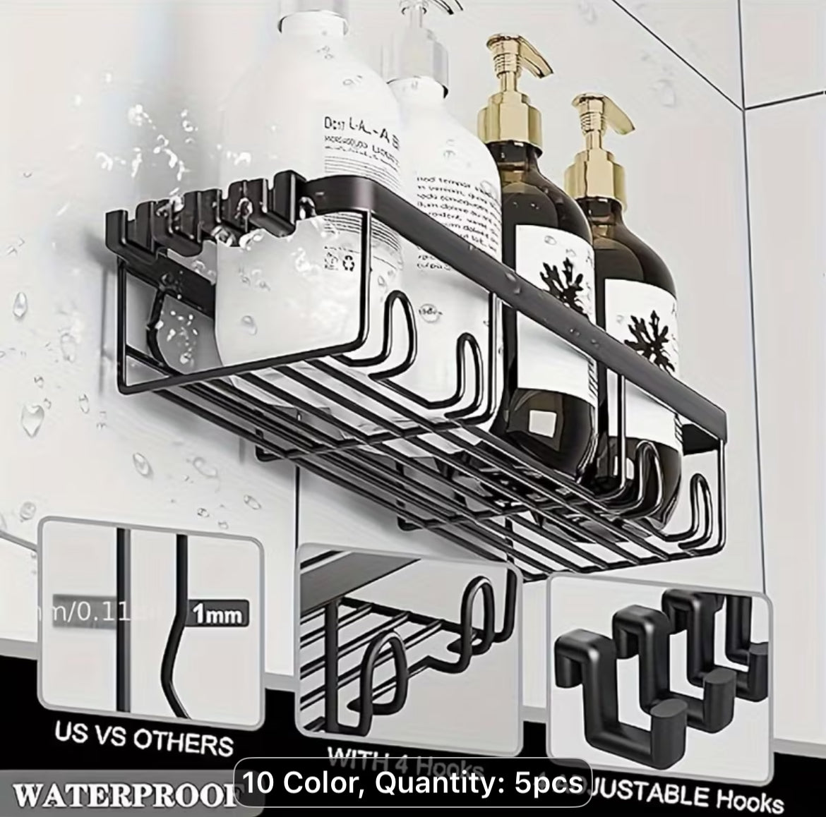 Shower Caddy Organizer, 5-Pack Adhesive Rustproof Stainless Steel Shower Shelves with Soap Holder, No Drilling Shower Storage Rack for Family Renters Bathroom, Random Colors to Choose, Shower Caddies