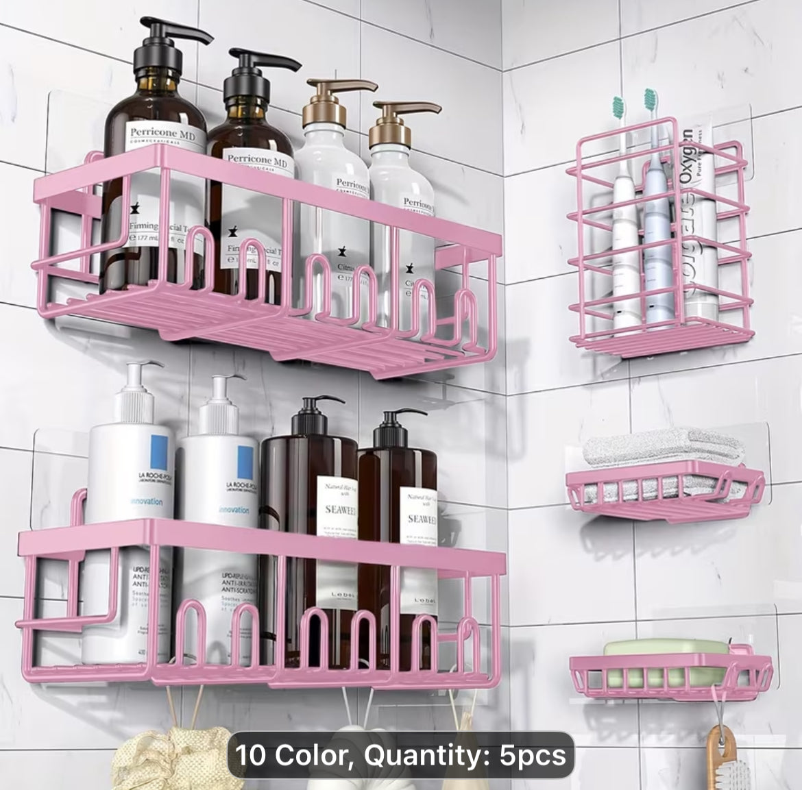 Shower Caddy Organizer, 5-Pack Adhesive Rustproof Stainless Steel Shower Shelves with Soap Holder, No Drilling Shower Storage Rack for Family Renters Bathroom, Random Colors to Choose, Shower Caddies