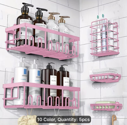 Shower Caddy Organizer, 5-Pack Adhesive Rustproof Stainless Steel Shower Shelves with Soap Holder, No Drilling Shower Storage Rack for Family Renters Bathroom, Random Colors to Choose, Shower Caddies