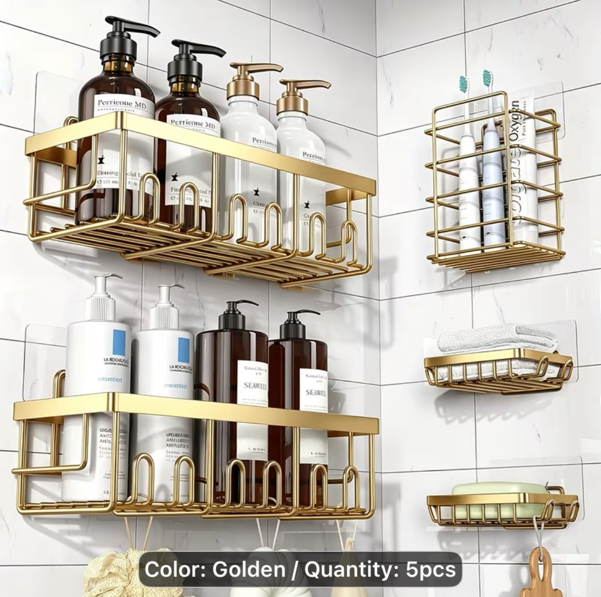 Shower Caddy Organizer, 5-Pack Adhesive Rustproof Stainless Steel Shower Shelves with Soap Holder, No Drilling Shower Storage Rack for Family Renters Bathroom, Random Colors to Choose, Shower Caddies