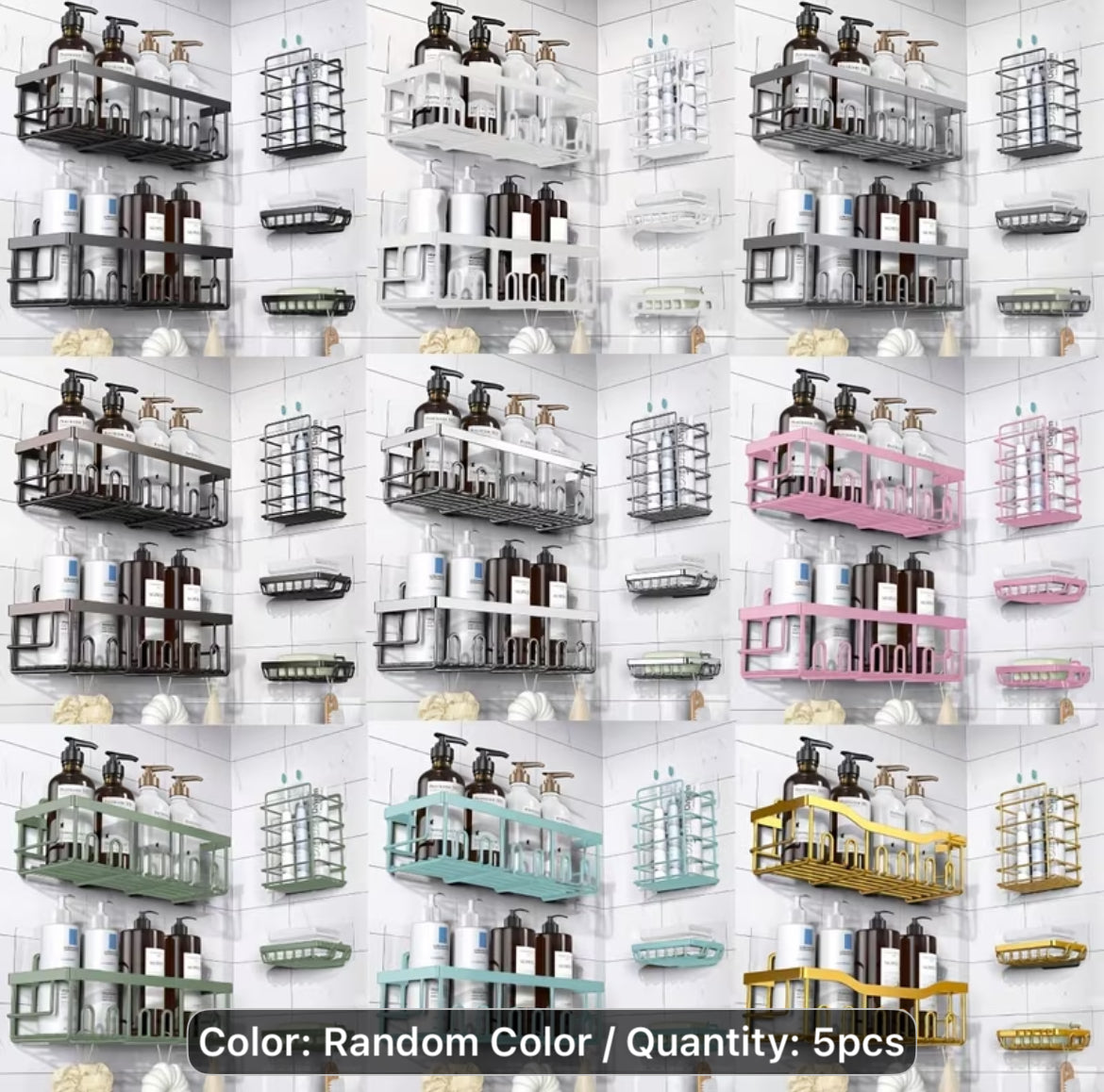 Shower Caddy Organizer, 5-Pack Adhesive Rustproof Stainless Steel Shower Shelves with Soap Holder, No Drilling Shower Storage Rack for Family Renters Bathroom, Random Colors to Choose, Shower Caddies
