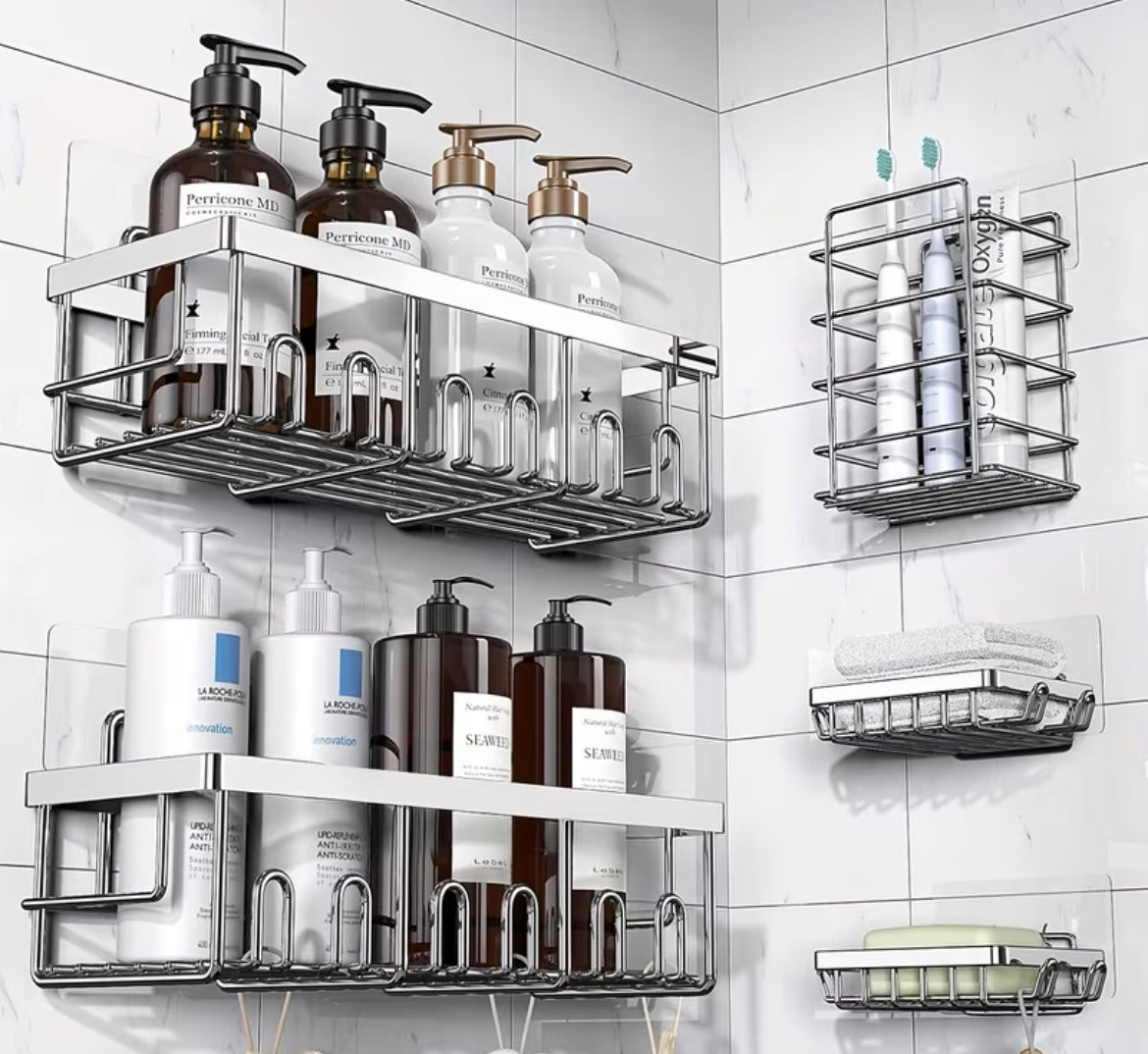 Shower Caddy Organizer, 5-Pack Adhesive Rustproof Stainless Steel Shower Shelves with Soap Holder, No Drilling Shower Storage Rack for Family Renters Bathroom, Random Colors to Choose, Shower Caddies