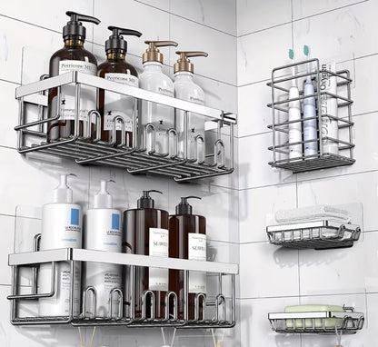 Shower Caddy Organizer, 5-Pack Adhesive Rustproof Stainless Steel Shower Shelves with Soap Holder, No Drilling Shower Storage Rack for Family Renters Bathroom, Random Colors to Choose, Shower Caddies